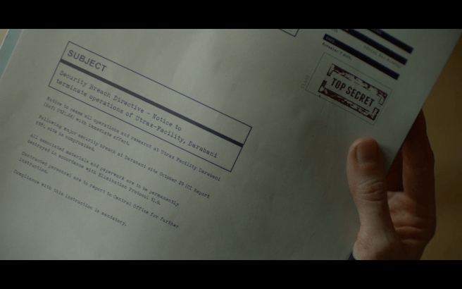 Hanna S1Ep2 Directive to Destroy all Paperwork and Materials Related to the Security Breach at the Utrax Darabani Facility 11:5:2005