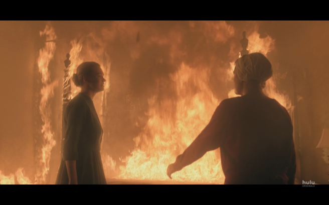 Handmaid's Tale S3Ep1 June & Serena in Fiery Bedroom 1