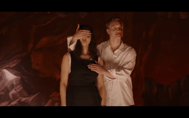 Dark S3Ep1 Killian with Slash on Face Covering Martha's Eyes and Heart